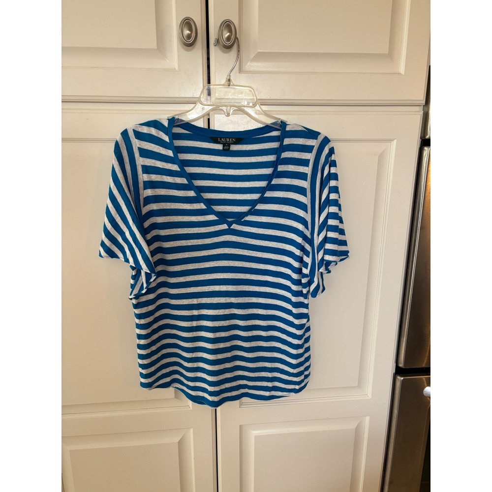Lauren Ralph Lauren Blue White Striped Linen Blend‎ V-Neck Flutter Sleeve Top M
